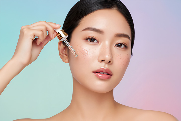 ドロッパーで美容液を塗布する女性 — 肌につける美容 OUTER BEAUTY